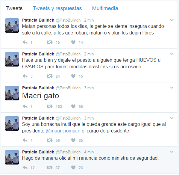 Le hackearon la cuenta de Twitter a la ministra de Seguridad, Patricia Bullrich
