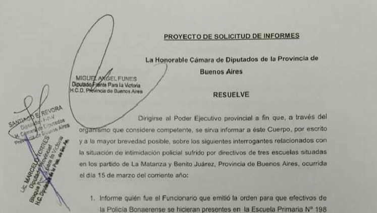 Diputados provinciales piden un informe a Vidal por «intimidación policial» a docentes