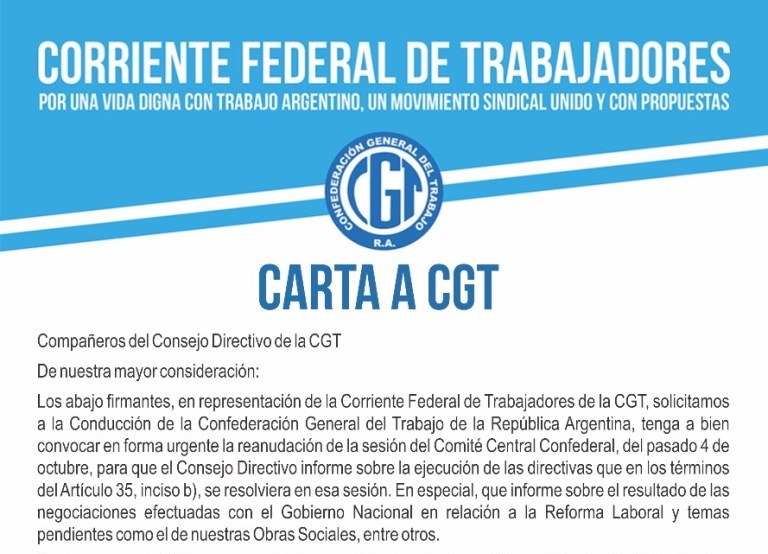 La Corriente Federal envió una carta pública al Consejo Directivo de la CGT