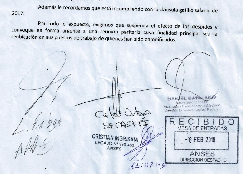 La nota que tres de cuatro gremios de ANSES le presentaron a Emilio Basavilbaso por los 82 despedidos