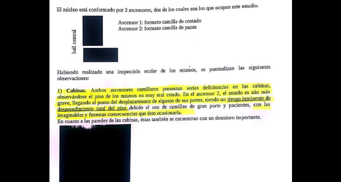 Iparraguirre presentó fotos de los informes sobre los ascensores del hospital, firmados por autoridades