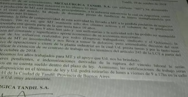 Qué dicen los telegramas de despido de Metalúrgica Tandil