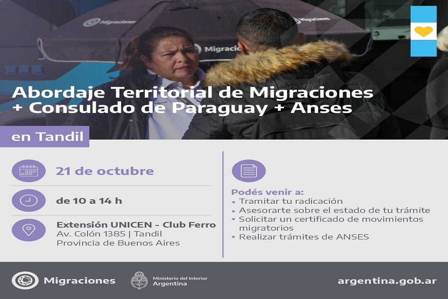 La Dirección Nacional de Migraciones y el Consulado de Paraguay realizará un operativo de abordaje territorial en Tandil