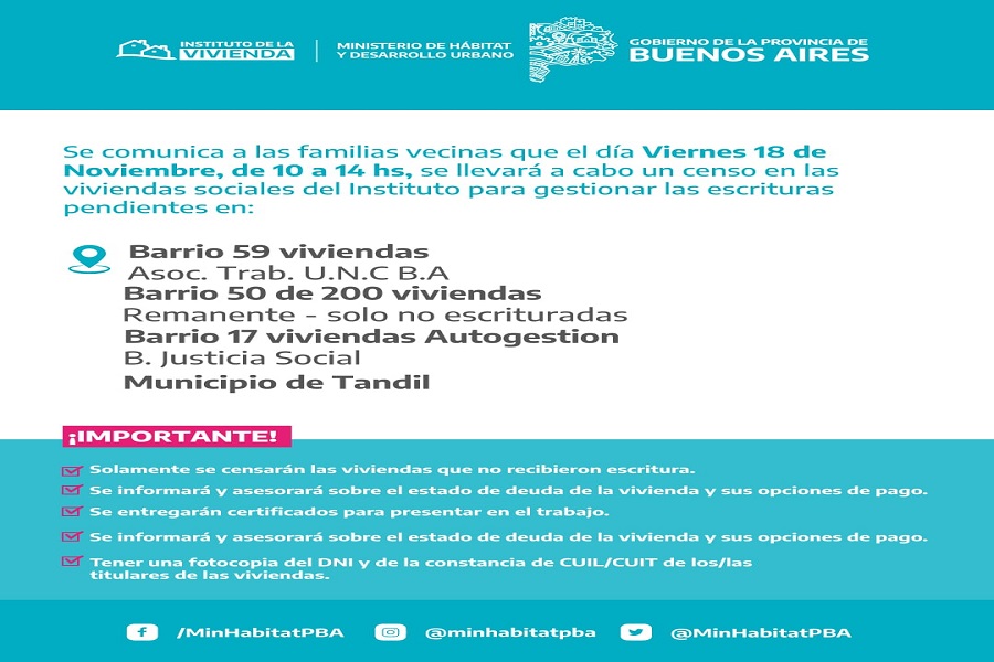 El Gobierno de la Provincia de Buenos Aires realizará un censo de viviendas para avanzar con procesos de escrituración