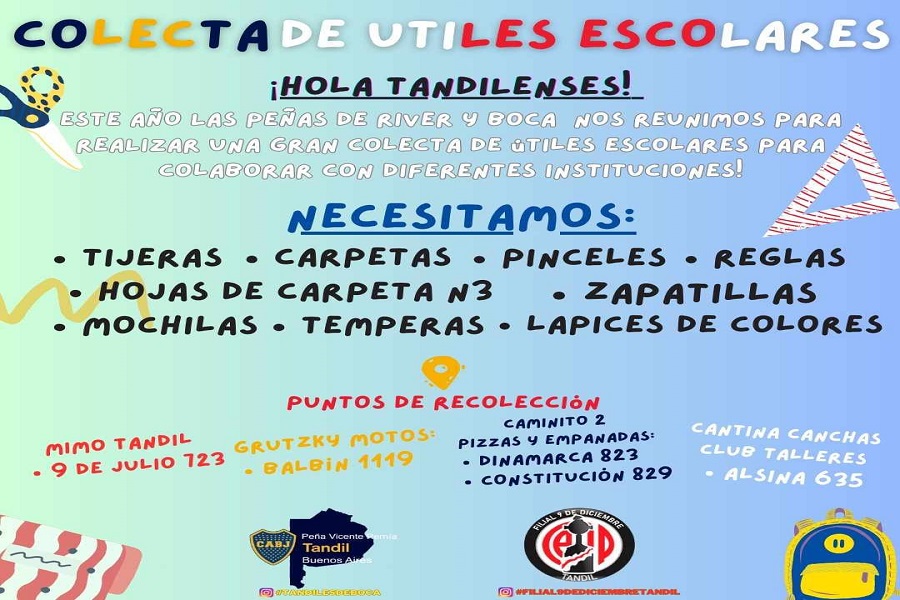 Colecta de útiles escolares: Las peñas de Boca y River de Tandil se unen en una misión solidaria para colaborar con instituciones educativas